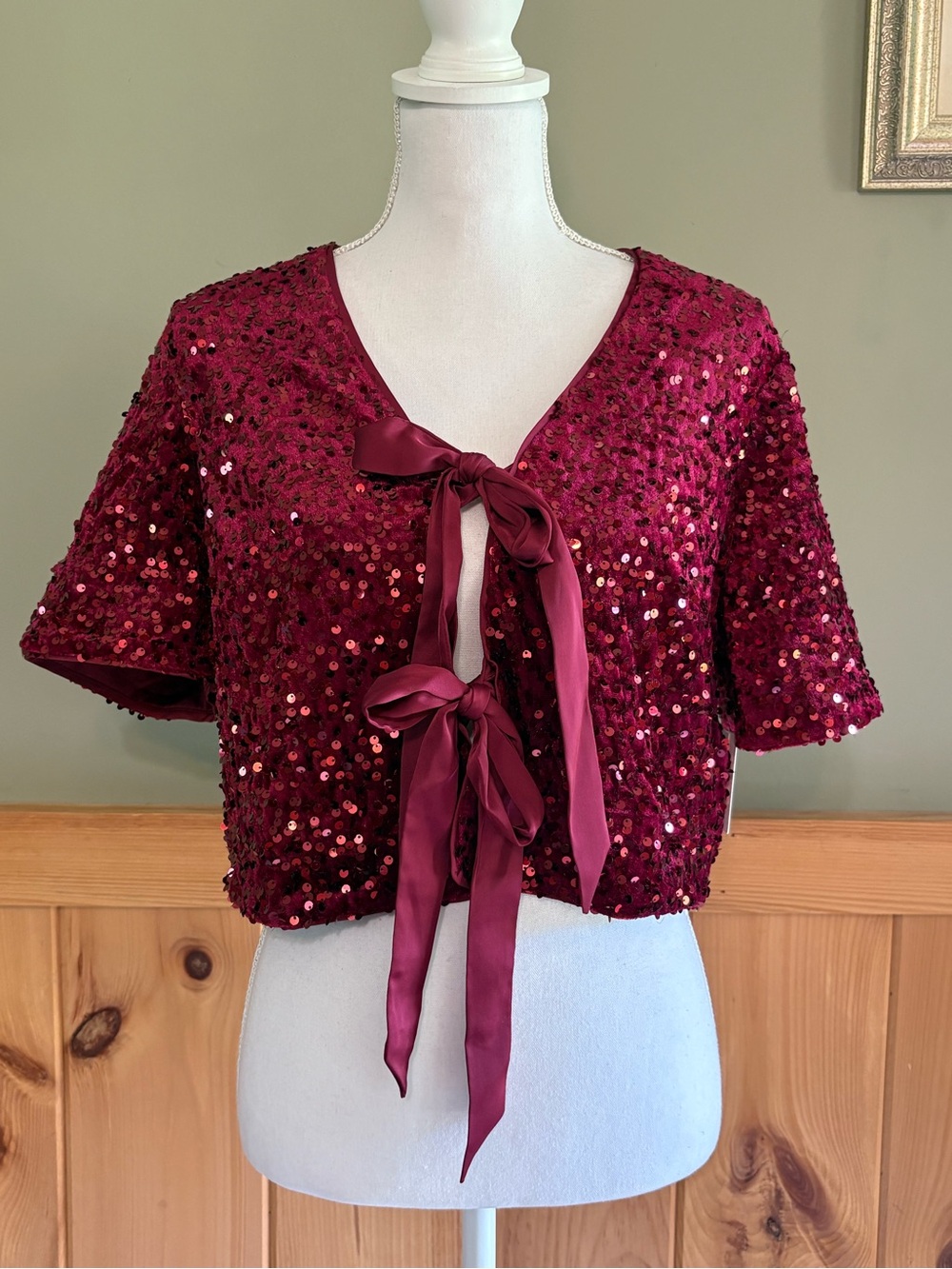 CeCe Cropped Velvet Sequin Short Sleeve Bow Front Top size Medium NWT